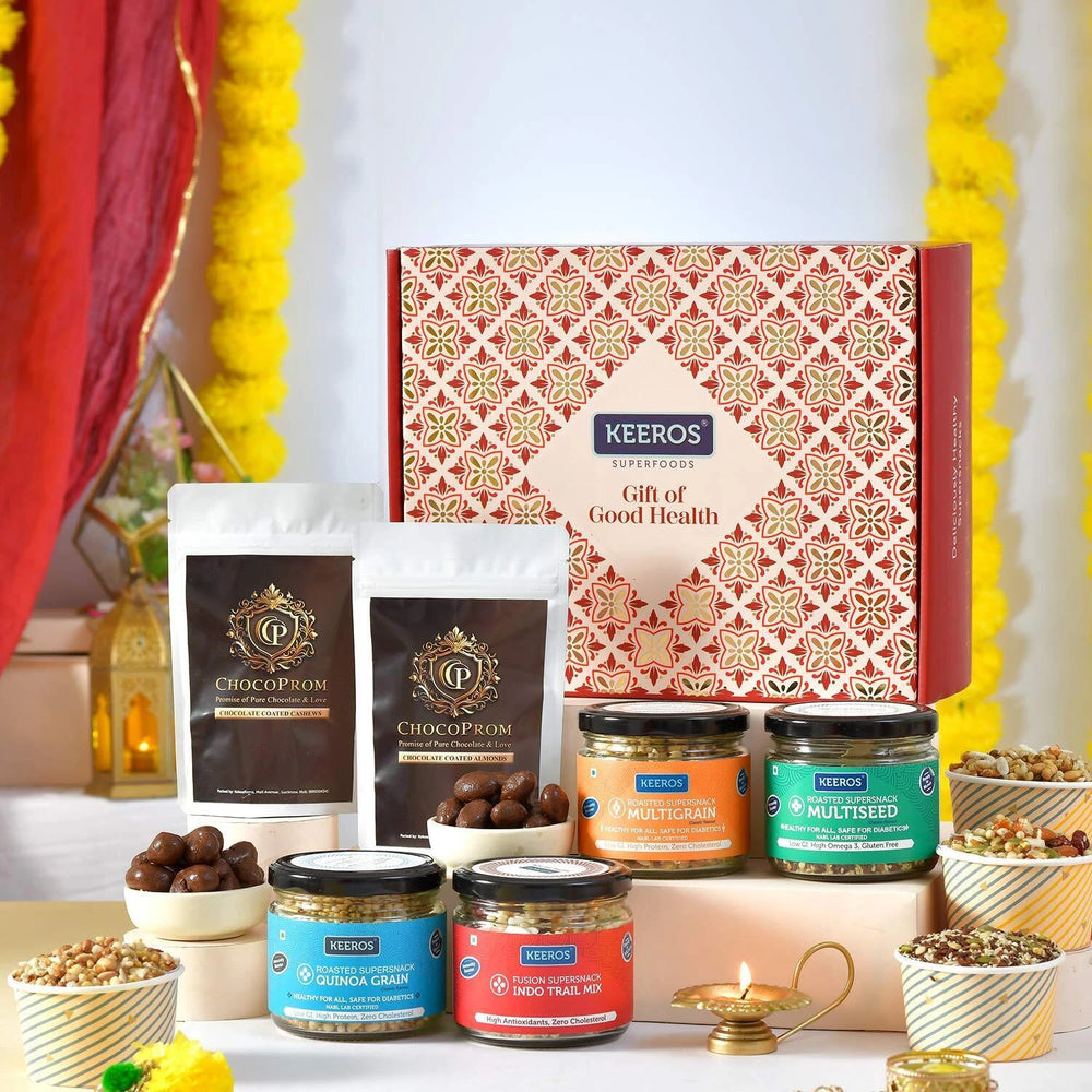 Healthy Diwali Gift Hamper | Combo of Sweet & Salted, Tasty & Nutritious Snacks Jars & Chocolate Coated Nuts Packs in a Premium Gift Pack for Diwali