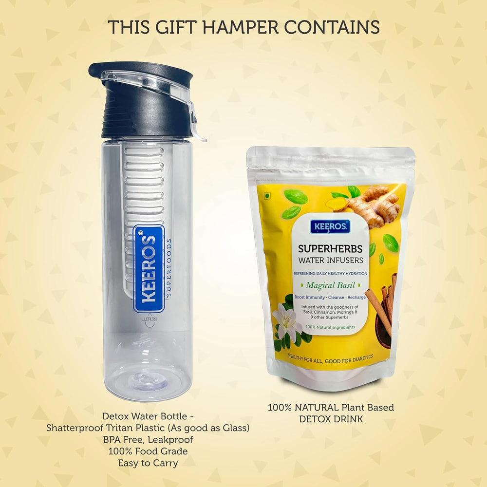 
                  
                    Load image into Gallery viewer, Keeros Healthy Bhai Dooj Gift Hamper: Detox Water Bottle and Superherbs Infuser Bundle with Tikka Pack| Perfect Bhai Dooj Gifts for Friends &amp;amp; Family in a Premium Box
                  
                