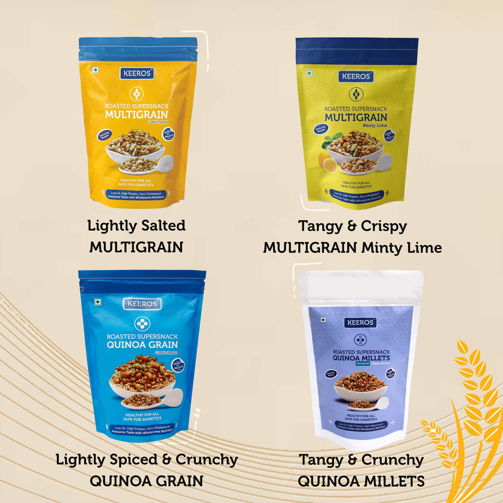 Keeros Super Snacks Combo of 4 varieties of Namkeens (savouries)| Healthy & Certified Diabetic Friendly |Tangy & Crunchy, Tasty & Nutritious | Daily Dose of Health with Fibre, Protein & Minerals| Nationwide Delivery, COD available