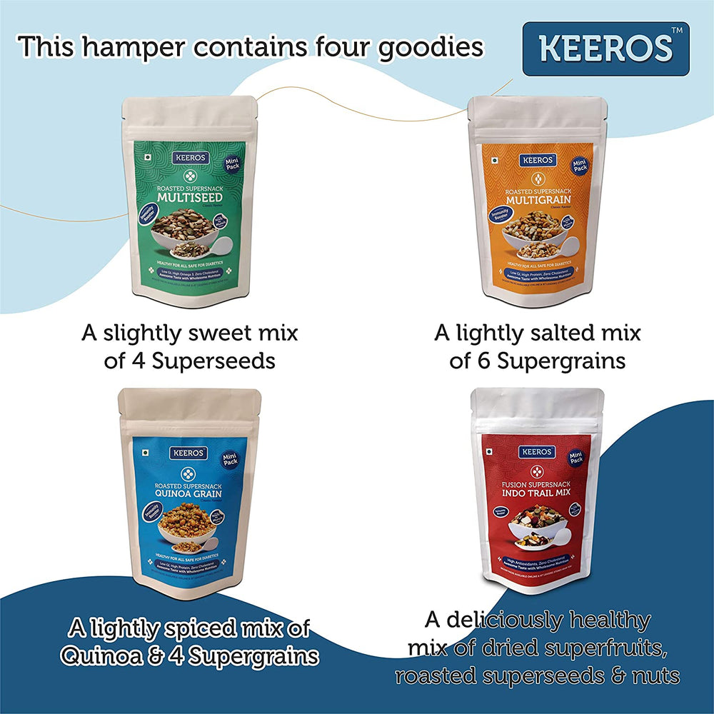 
                  
                    Load image into Gallery viewer, Keeros Healthy Holi Gift Hamper with Card for Friends &amp;amp; Family | Variety of Sweet &amp;amp; Salted, Tasty &amp;amp; Nutritious Roasted Super Snacks | 4 Healthy Snacks Pouches of 35 to 50 Grams
                  
                