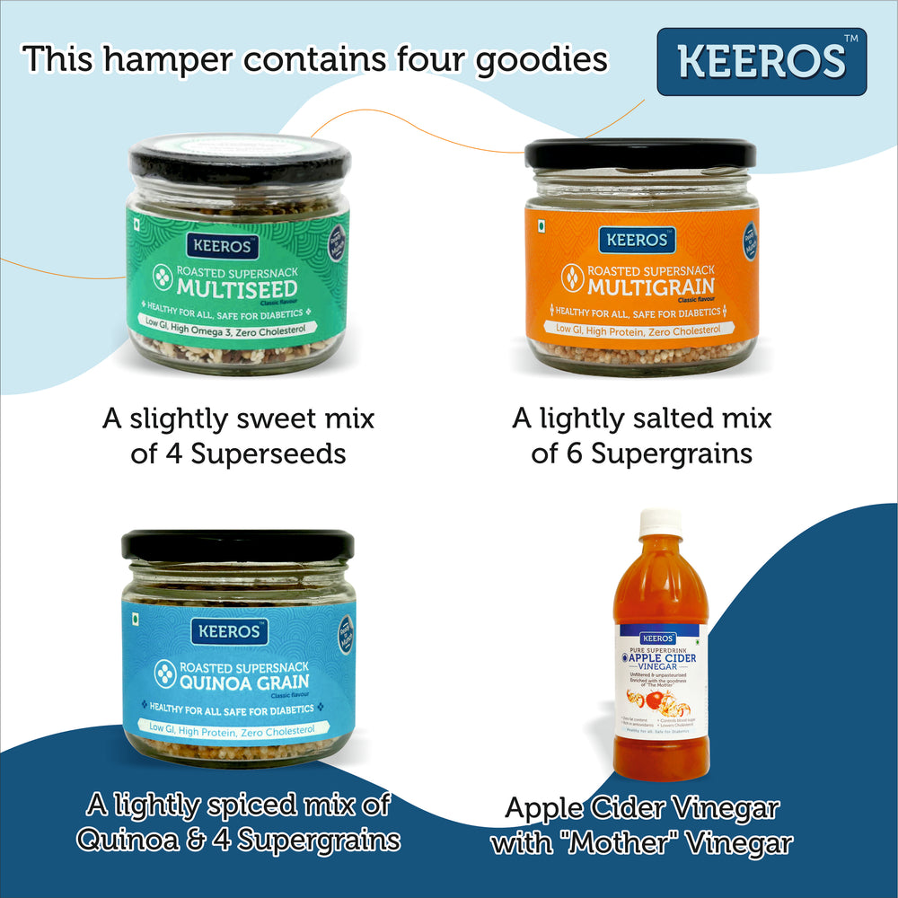 
                  
                    Load image into Gallery viewer, Keeros Healthy Gift Hamper for Your Brother with Tikka Pack : Combo of Sweet &amp;amp; Salted, Tasty &amp;amp; Nutritious Roasted Super Snacks &amp;amp; Health Drink in Premium Gift Box | Combo of 3 Super Snacks &amp;amp; Apple Cider
                  
                
