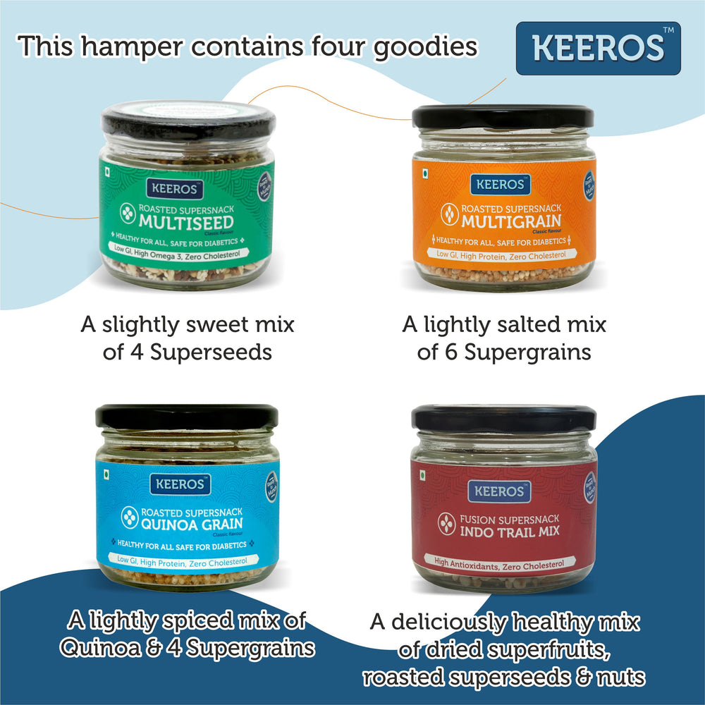 
                  
                    Load image into Gallery viewer, Keeros Healthy Diwali Gift Hamper with Card : Combo of Sweet &amp;amp; Salted, Tasty &amp;amp; Nutritious Super Snacks in Glass Jars Packed in a Beautiful Gift Box
                  
                