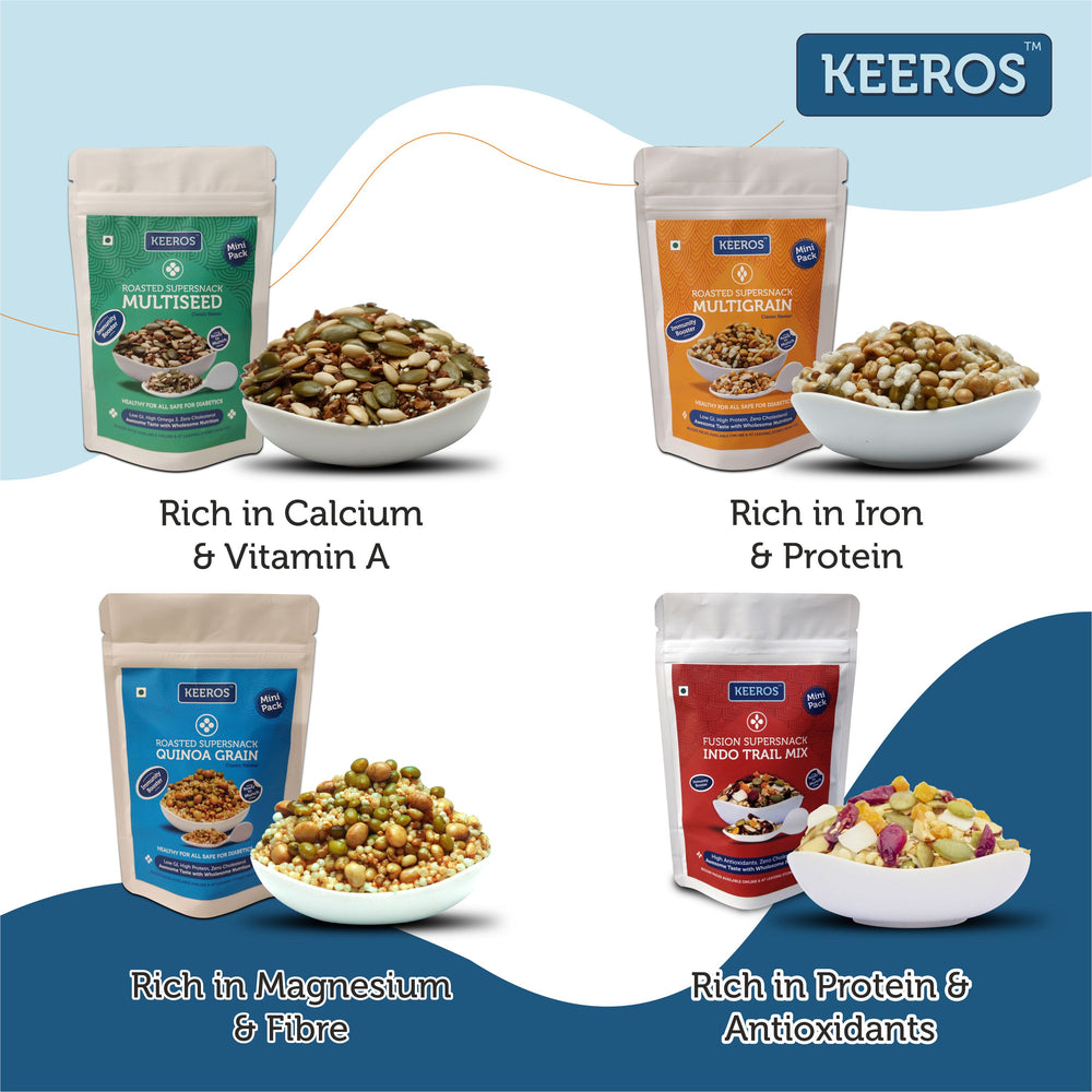 
                  
                    Load image into Gallery viewer, Keeros Healthy Holi Gift Hamper with Card : Combo of Sweet &amp;amp; Salted,Tasty &amp;amp; Nutritious Snacks in a Classy Premium Gift Box | 4 Healthy Snack Pouches of 35g to 50g
                  
                