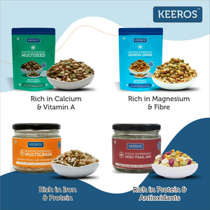 
                  
                    Load image into Gallery viewer, Keeros Healthy Bhai Dooj Snacks Gift Box for Brother with Roli Moli Chandan Tikka Chawal Mishri Pack | Combo of Sweet &amp;amp; Salted, Tasty &amp;amp; Nutritious Roasted Super Snacks in Beautiful Premium Gift Pack | Combo of 4 Healthy Super Snacks
                  
                