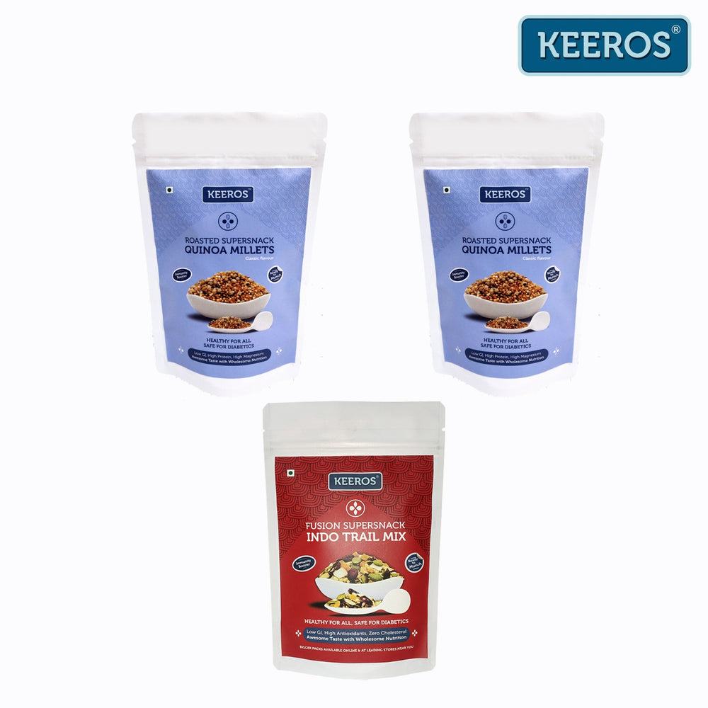 
                  
                    Load image into Gallery viewer, Keeros Healthy &amp;amp; Diabetic Friendly Super Snacks Combo - Tangy &amp;amp; Crunchy-Quinoa Millets &amp;amp; Slightly Sweet-Trail Mix | Low GI, High Protein &amp;amp; Nutritious Supernacks
                  
                