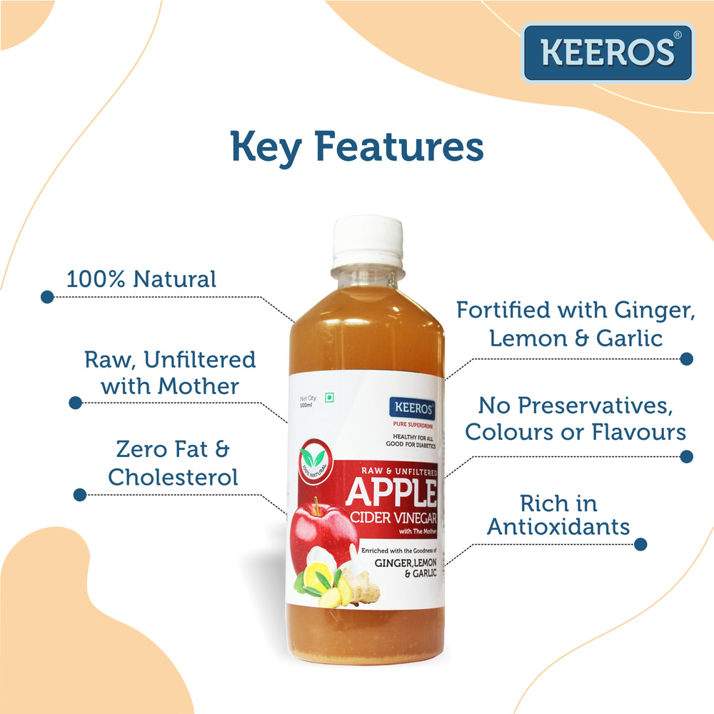 
                  
                    Load image into Gallery viewer, Keeros Apple Cider Vinegar for Diabetics &amp;amp; Weight Watchers | Infused with Ginger, Lemon &amp;amp; Garlic | 100% Natural, Pure, Raw, Unfiltered with Mother Vinegar | No Added Sugar | Pack of 2x500ml
                  
                