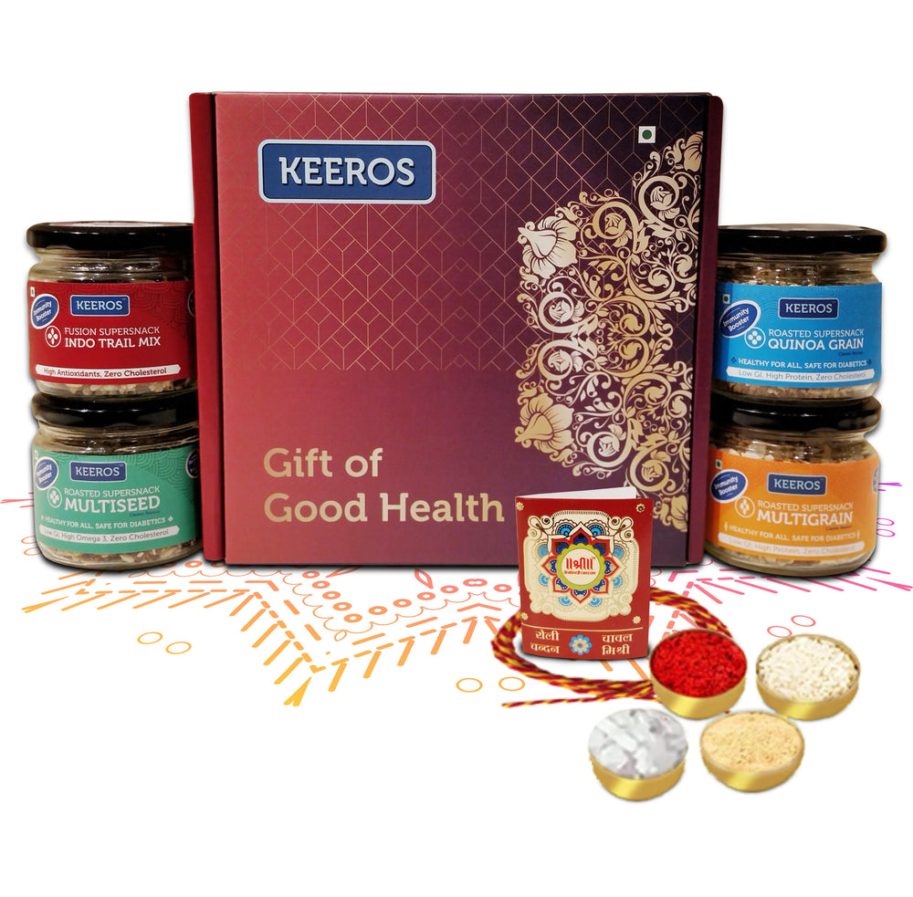 Keeros Healthy Bhai Dooj Gift Hamper for Brother with Roli Moli Chandan Tikka Chawal Mishri Pack | Combo of Sweet & Salted, Tasty & Nutritious Super Snacks in Glass Jars Packed in a Beautiful Gift Hamper