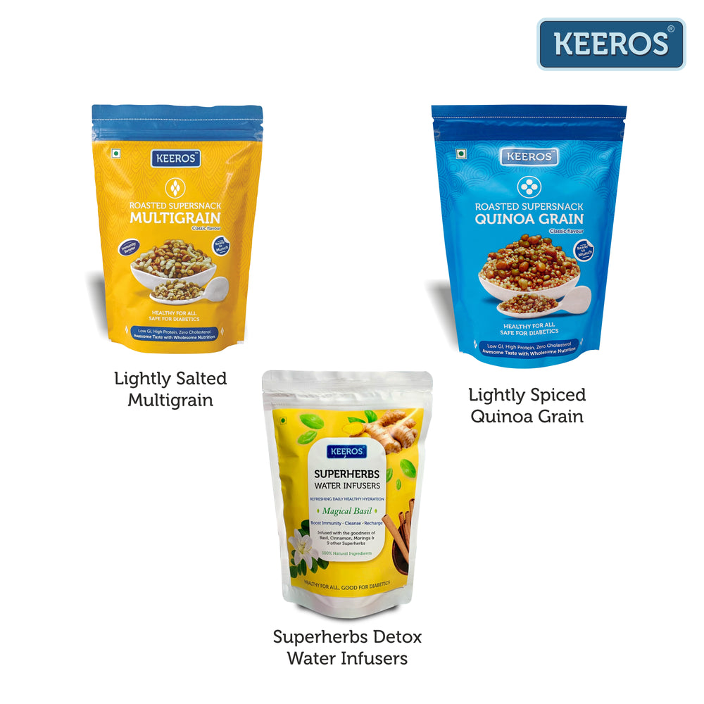 
                  
                    Load image into Gallery viewer, Super Saver Combo | Keeros Healthy &amp;amp; Diabetic Friendly Supersnacks &amp;amp; Superdrink Combo | Multigrain Supersnack 400g &amp;amp; Quinoa Grain Supersnack 250g + FREE Keeros Superherbs Detox Water Infusers Pack of 10 worth Rs 300
                  
                
