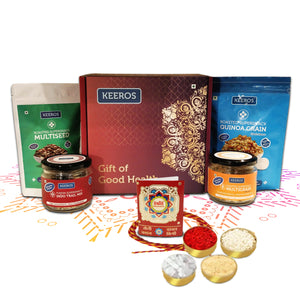 
                  
                    Load image into Gallery viewer, Keeros Healthy Bhai Dooj Snacks Gift Box for Brother with Roli Moli Chandan Tikka Chawal Mishri Pack | Combo of Sweet &amp;amp; Salted, Tasty &amp;amp; Nutritious Roasted Super Snacks in Beautiful Premium Gift Pack | Combo of 4 Healthy Super Snacks
                  
                
