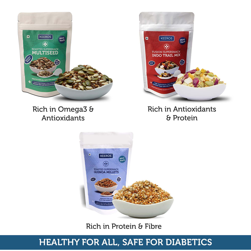 
                  
                    Load image into Gallery viewer, Healthy &amp;amp; Diabetic Friendly Snacks Combo of 3 Varieties | Variety of Sweet &amp;amp; Salted, Tasty &amp;amp; Nutritious, Sugar Free Mini Snack Packs for Diabetes | Multiseed, Indo Trail Mix &amp;amp; Quinoa Millets (Pack of 3 Each)
                  
                