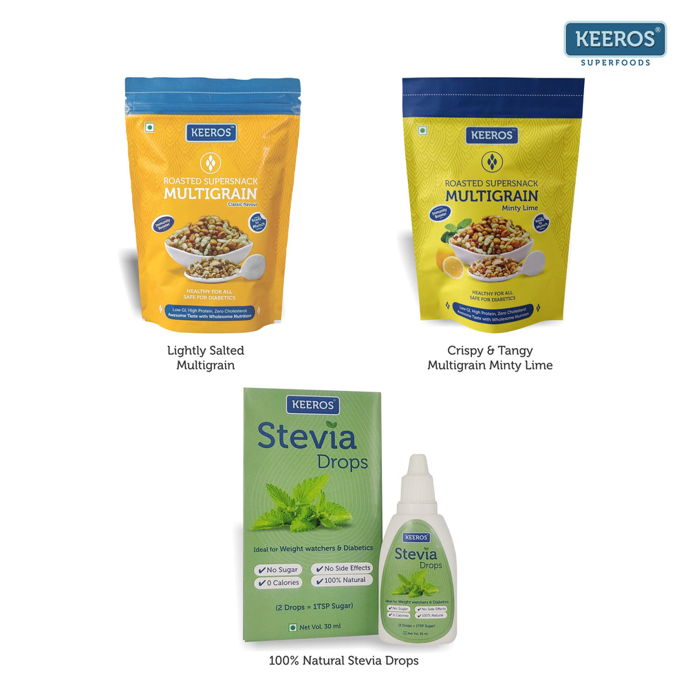 
                  
                    Load image into Gallery viewer, Super Saver Combo of Lightly Salted &amp;amp; Tangy, Healthy &amp;amp; Diabetic Friendly Multigrain Super Snack Pack of 400g+200g &amp;amp; Get Free Stevia Drops Liquid Sweetener 30ml (worth Rs. 450)
                  
                