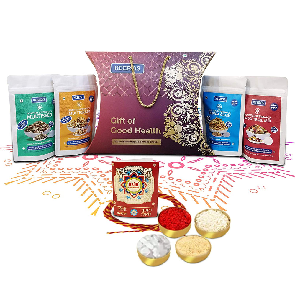 Keeros Healthy Bhai Dooj Gift Hamper for Brother with Roli Moli Chandan Chawal Mishri Pack | Combo of Sweet & Salted,Tasty & Nutritious Snacks in a Premium Gift Pack | 4 Healthy Snack Pouches of 35g to 50g
